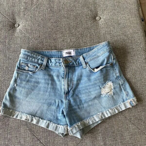 PAIGE Blue Denim DISTRESSED Low-Rise JIMMY JIMMY Raw Cuff JEANS SHORTS Sz 27